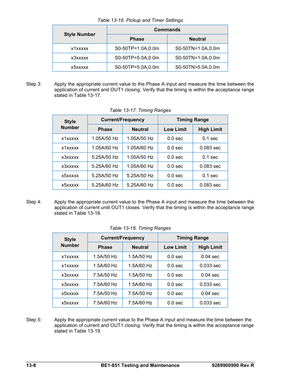 Table 13-16. pickup and timer settings -8, Table 13-17. timing ranges -8, Table 13-18. timing ranges -8 | Basler Electric BE1-851 User Manual | Page 296 / 364