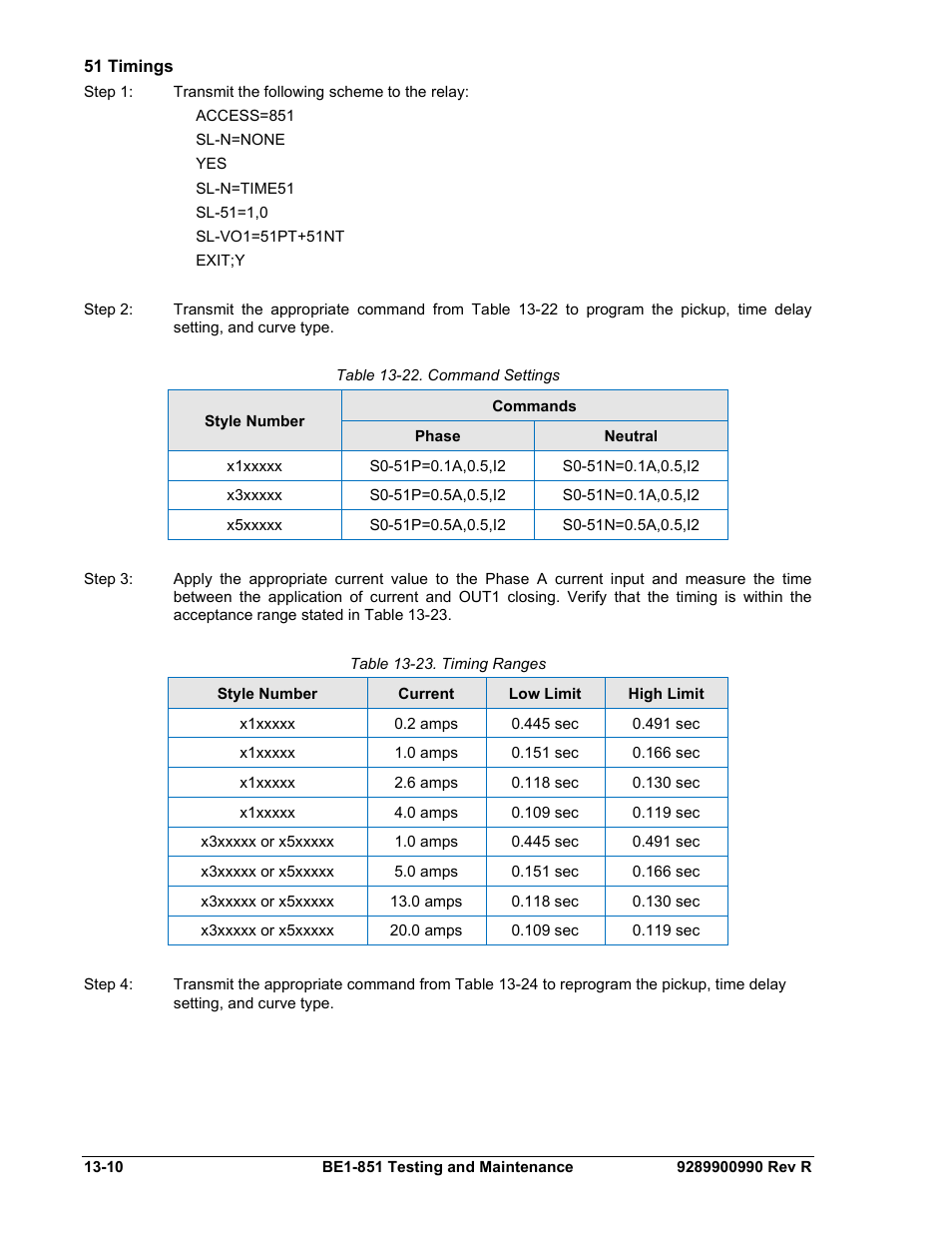 51 timings, 51 timings -10, Table 13-22. command settings -10 | Table 13-23. timing ranges -10 | Basler Electric BE1-851 User Manual | Page 298 / 364