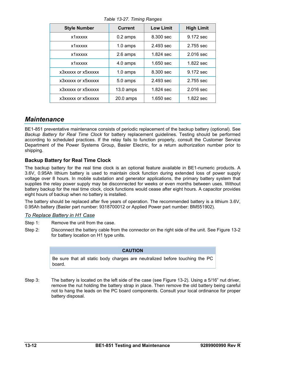 Maintenance, Backup battery for real time clock, To replace battery in h1 case | Maintenance -12, Backup battery for real time clock -12, Table 13-27. timing ranges -12 | Basler Electric BE1-851 User Manual | Page 300 / 364