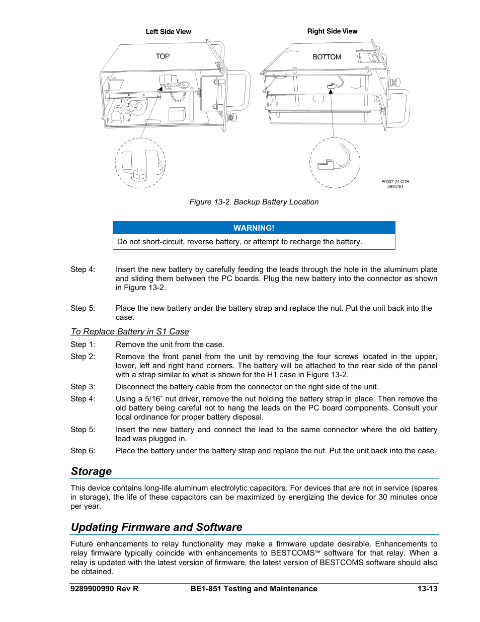 To replace battery in s1 case, Storage, Updating firmware and software | Storage -13, Updating firmware and software -13, Figure 13-2. backup battery location -13 | Basler Electric BE1-851 User Manual | Page 301 / 364