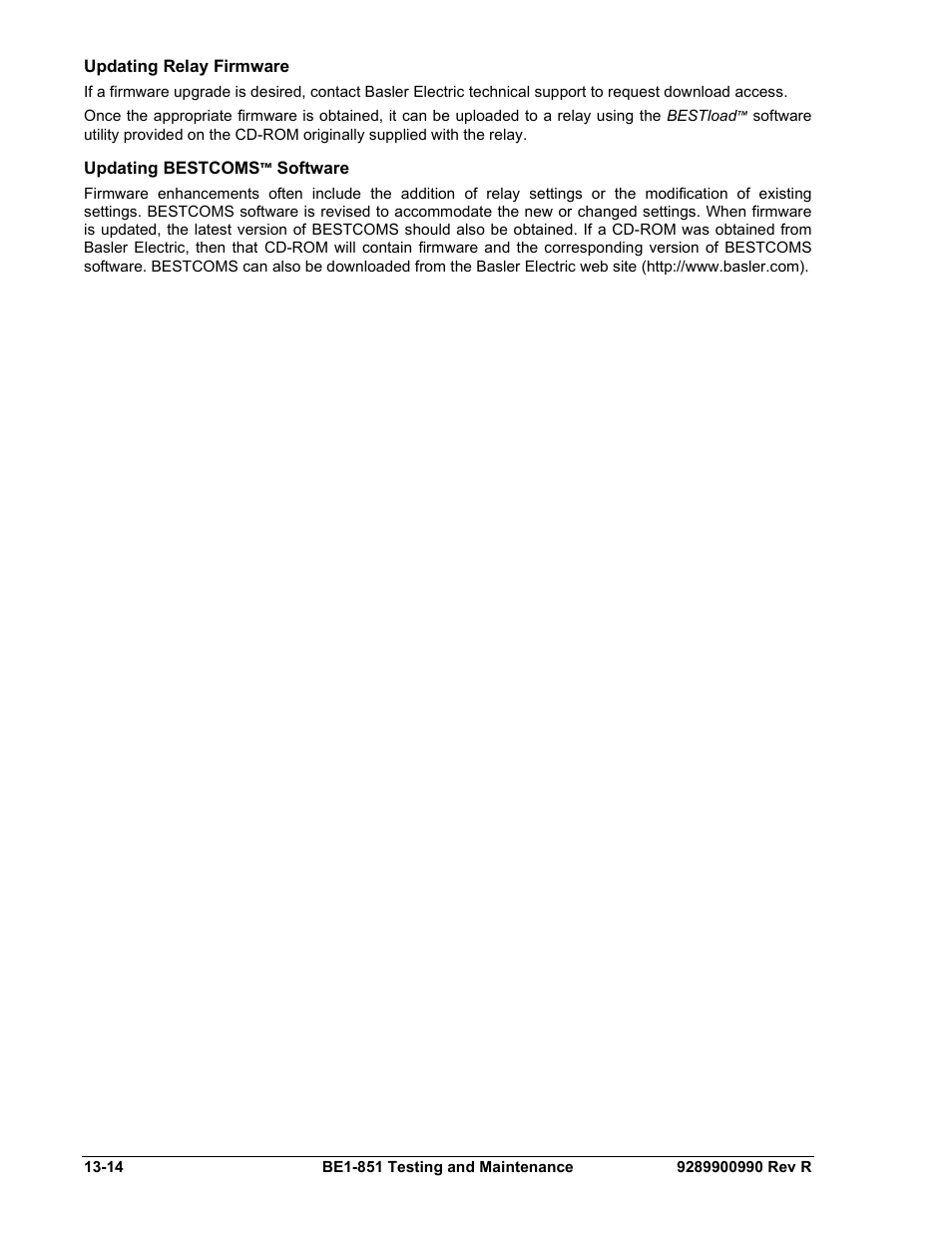 Updating relay firmware, Updating bestcoms™ software, Updating relay firmware -14 | Updating bestcoms™ software -14 | Basler Electric BE1-851 User Manual | Page 302 / 364