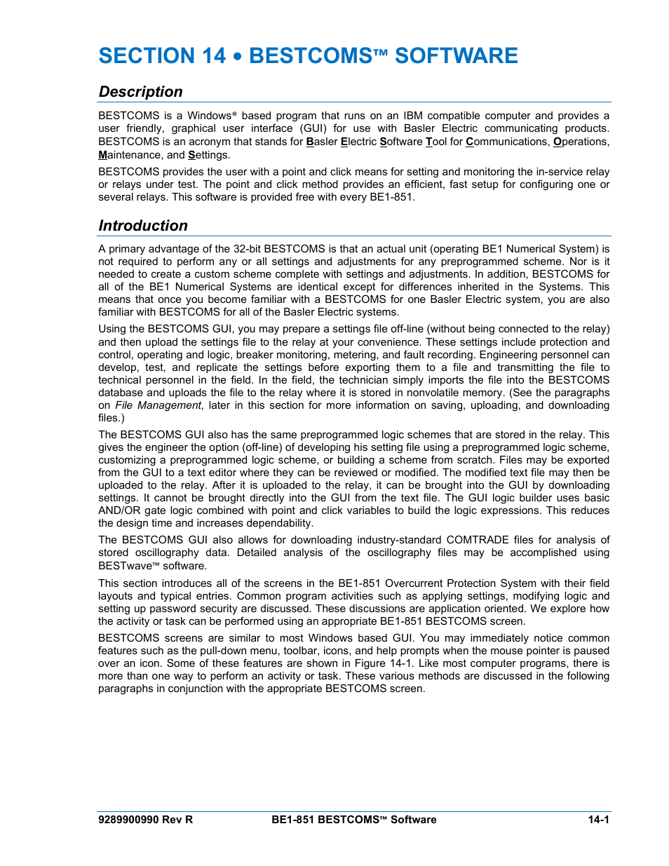Description, Introduction, Section 14 • bestcoms™ software -1 | Description -1, Introduction -1 | Basler Electric BE1-851 User Manual | Page 305 / 364