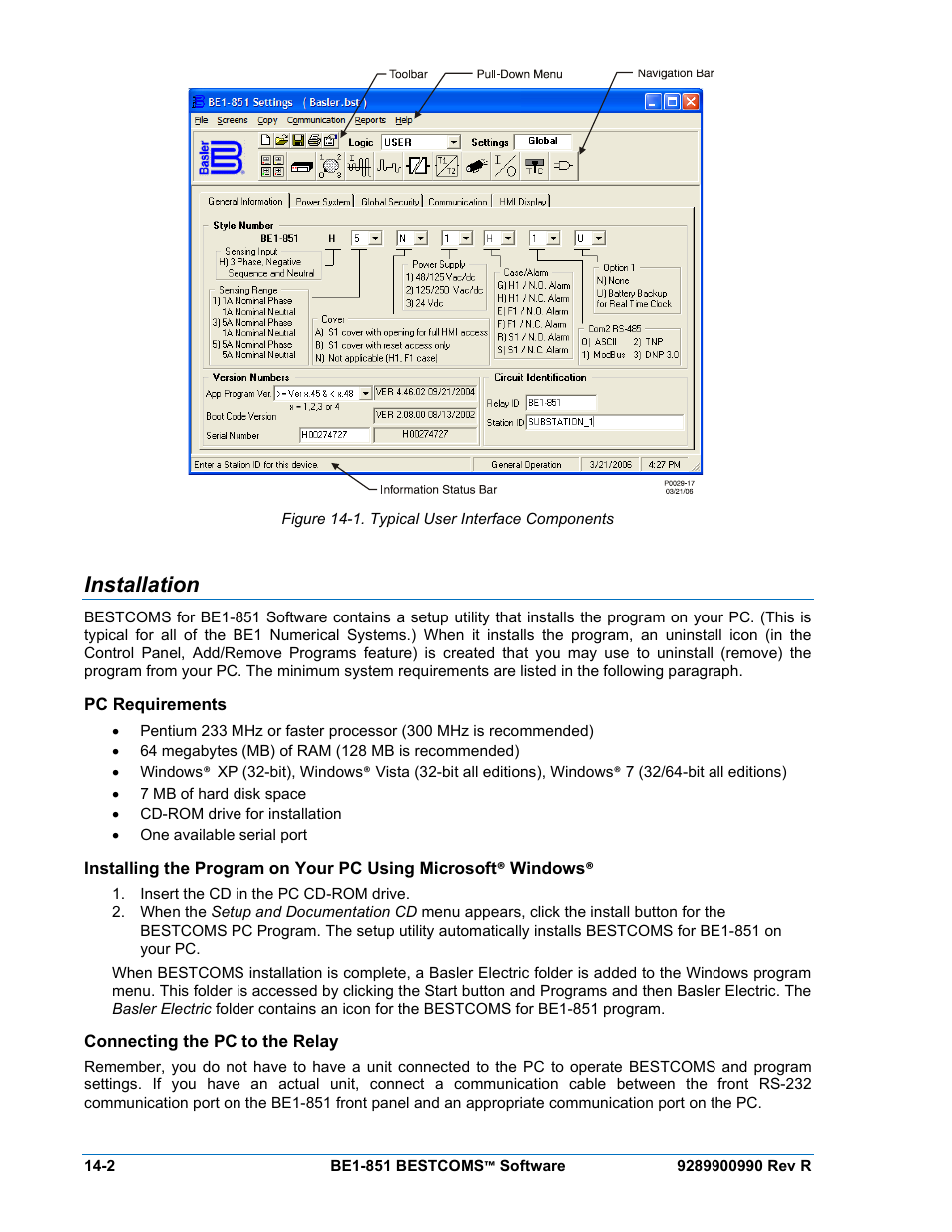 Installation, Pc requirements, Connecting the pc to the relay | Installation -2, Pc requirements -2, Connecting the pc to the relay -2, Figure 14-1. typical user interface components -2 | Basler Electric BE1-851 User Manual | Page 306 / 364