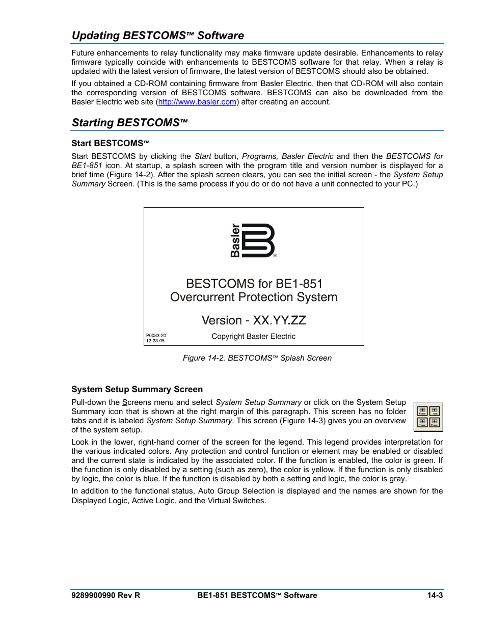 Updating bestcoms™ software, Starting bestcoms, Start bestcoms | System setup summary screen, Updating bestcoms™ software -3, Starting bestcoms™ -3, Start bestcoms™ -3, System setup summary screen -3, Figure 14-2. bestcoms splash screen -3 | Basler Electric BE1-851 User Manual | Page 307 / 364