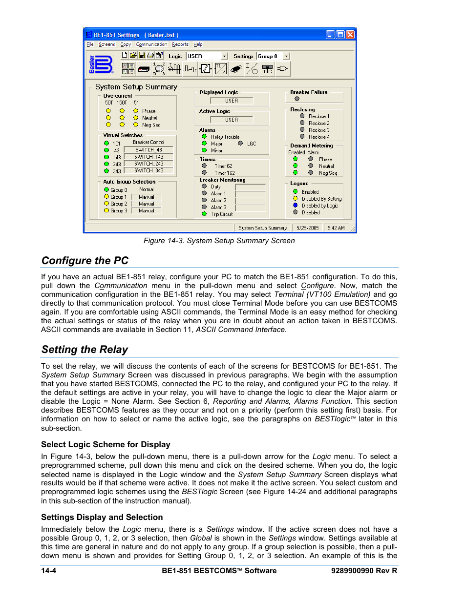 Configure the pc, Setting the relay, Select logic scheme for display | Settings display and selection, Configure the pc -4, Setting the relay -4, Select logic scheme for display -4, Settings display and selection -4, Figure 14-3. system setup summary screen -4 | Basler Electric BE1-851 User Manual | Page 308 / 364