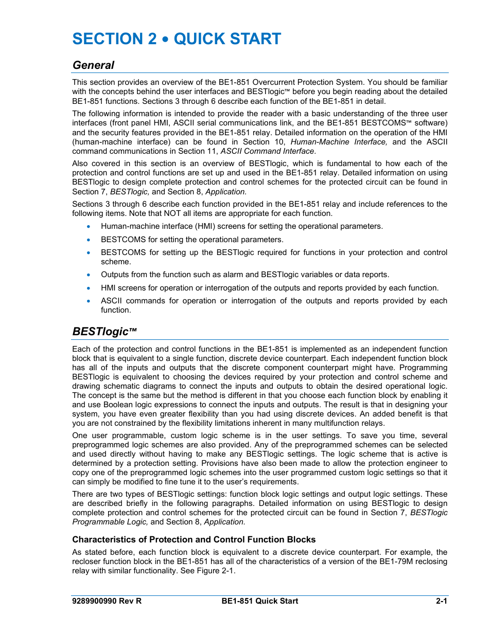 General, Bestlogic, Section 2 • quick start -1 | General -1, Bestlogic -1 | Basler Electric BE1-851 User Manual | Page 31 / 364