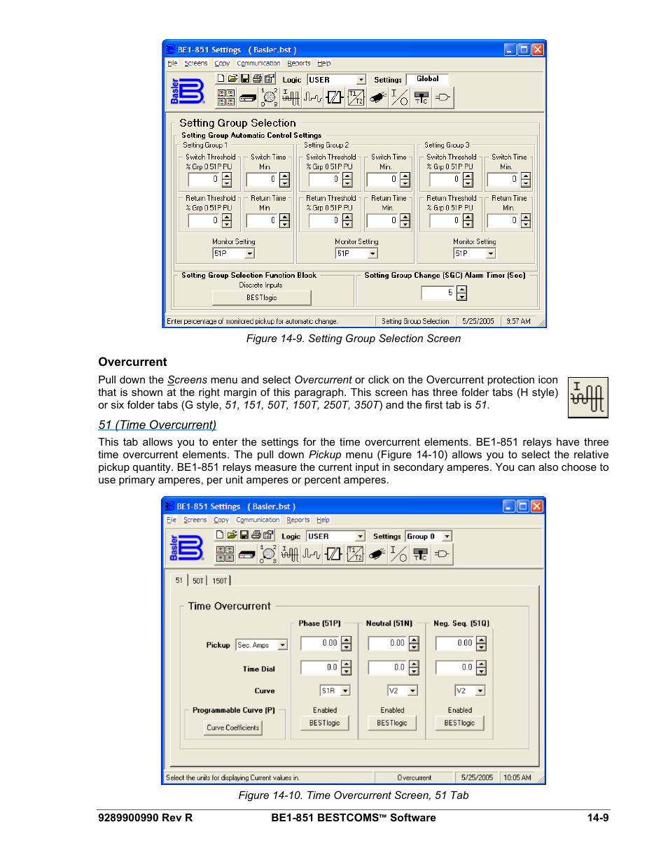 Overcurrent, 51 (time overcurrent), Overcurrent -9 | Figure 14-9. setting group selection screen -9, Figure 14-10. time overcurrent screen, 51 tab -9 | Basler Electric BE1-851 User Manual | Page 313 / 364