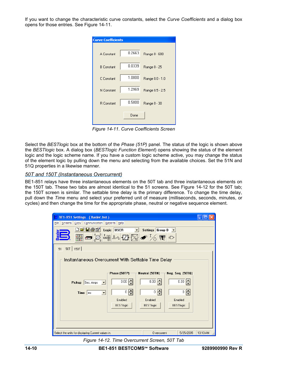 50t and 150t (instantaneous overcurrent), Figure 14-11. curve coefficients screen -10, Figure 14-12. time overcurrent screen, 50t tab -10 | Basler Electric BE1-851 User Manual | Page 314 / 364