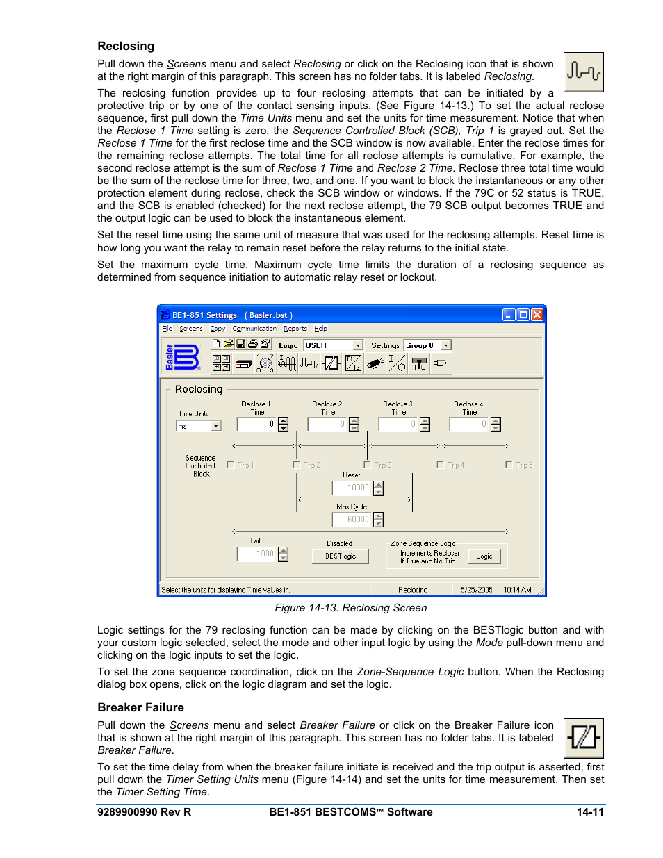 Reclosing, Breaker failure, Reclosing -11 | Breaker failure -11, Figure 14-13. reclosing screen -11 | Basler Electric BE1-851 User Manual | Page 315 / 364