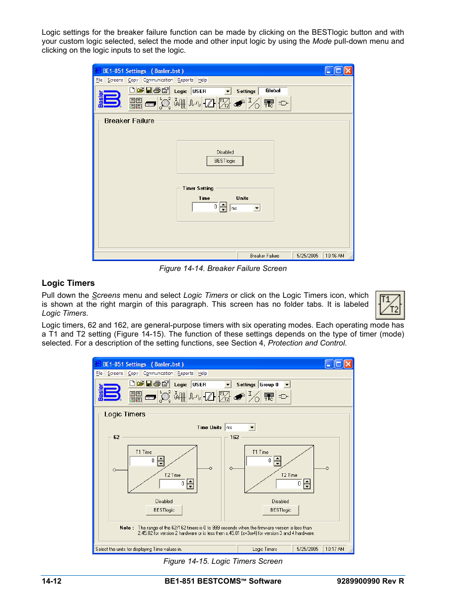 Logic timers, Logic timers -12, Figure 14-14. breaker failure screen -12 | Figure 14-15. logic timers screen -12 | Basler Electric BE1-851 User Manual | Page 316 / 364