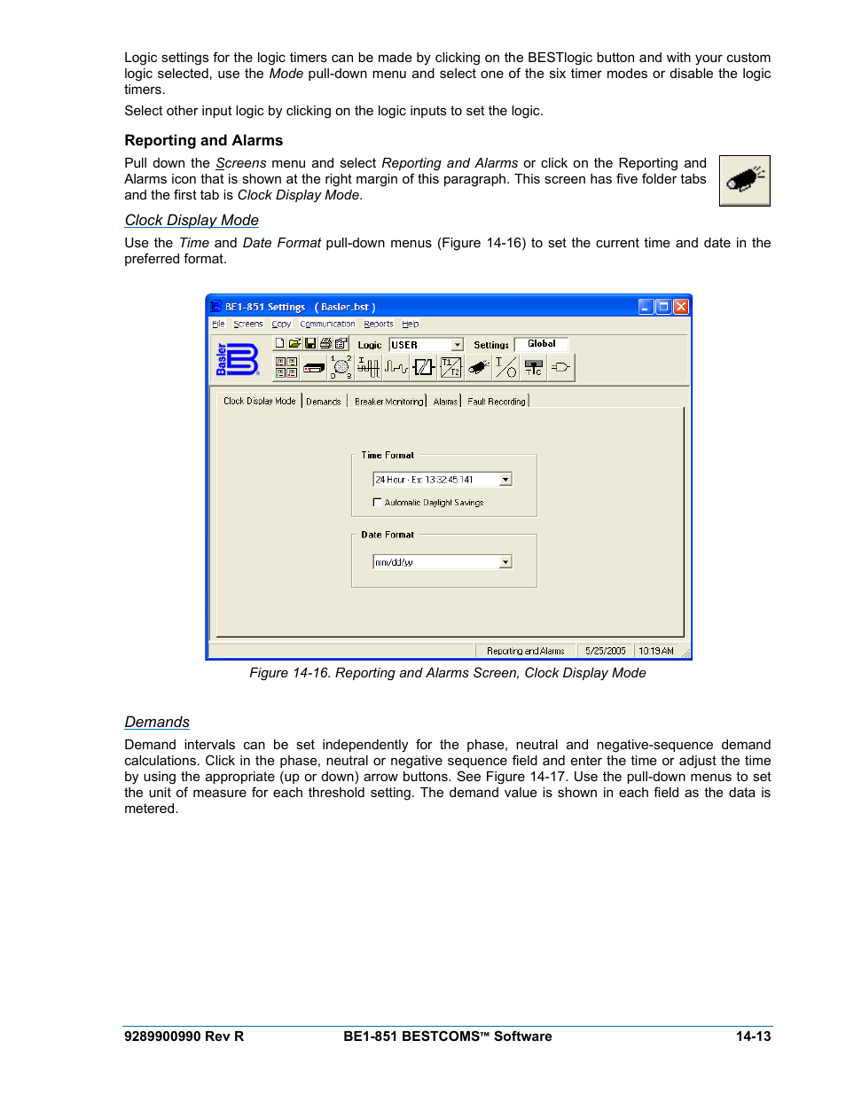 Reporting and alarms, Clock display mode, Demands | Reporting and alarms -13 | Basler Electric BE1-851 User Manual | Page 317 / 364