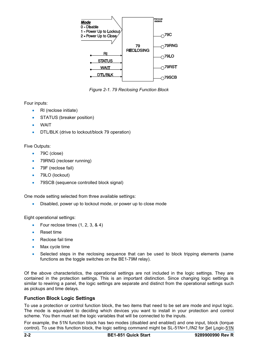 Function block logic settings, Function block logic settings -2, Figure 2-1. 79 reclosing function block -2 | Basler Electric BE1-851 User Manual | Page 32 / 364