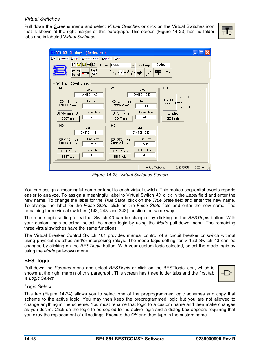 Virtual switches, Bestlogic, Logic select | Bestlogic -18, Figure 14-23. virtual switches screen -18 | Basler Electric BE1-851 User Manual | Page 322 / 364