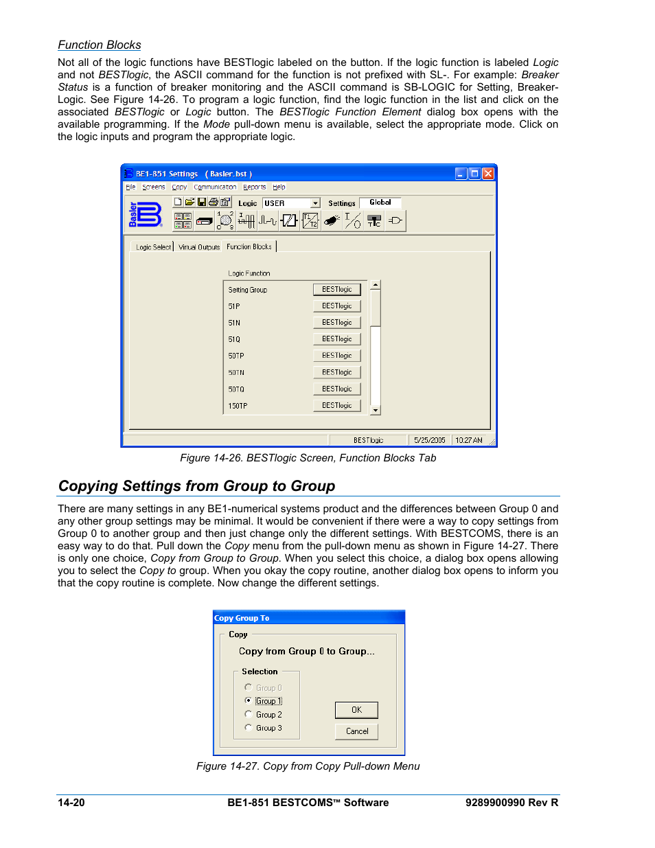 Function blocks, Copying settings from group to group, Copying settings from group to group -20 | Figure 14-27. copy from copy pull-down menu -20 | Basler Electric BE1-851 User Manual | Page 324 / 364