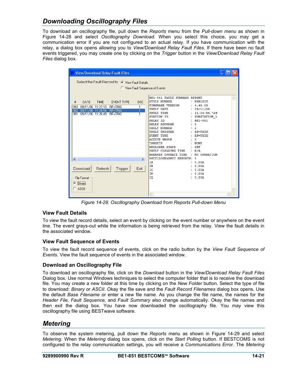 Downloading oscillography files, View fault details, View fault sequence of events | Download an oscillography file, Metering, Downloading oscillography files -21, View fault details -21, View fault sequence of events -21, Download an oscillography file -21, Metering -21 | Basler Electric BE1-851 User Manual | Page 325 / 364