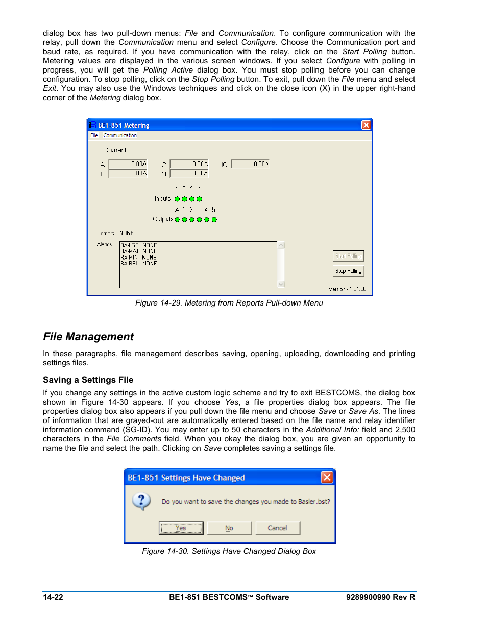 File management, Saving a settings file, File management -22 | Saving a settings file -22, Figure 14-30. settings have changed dialog box -22 | Basler Electric BE1-851 User Manual | Page 326 / 364