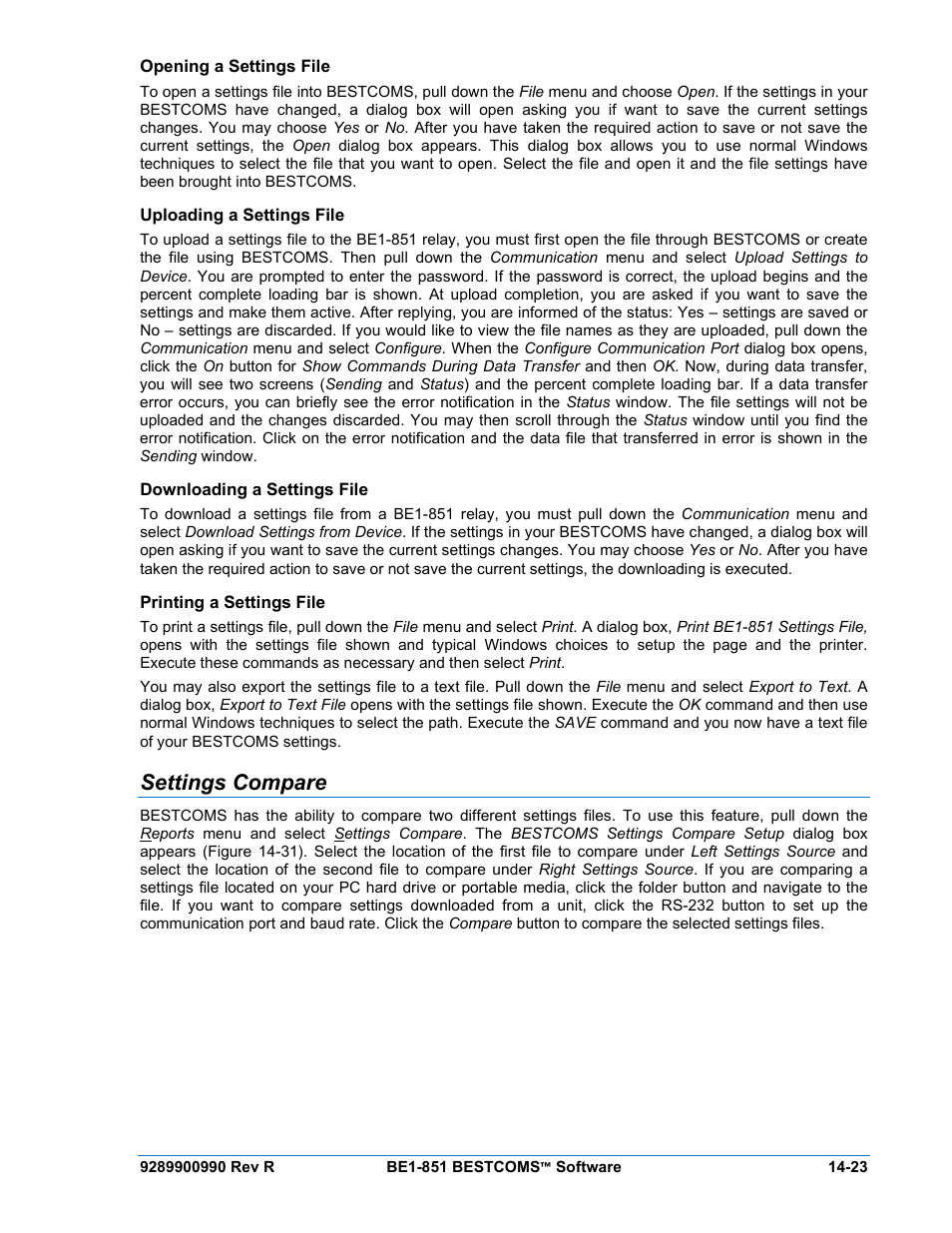 Opening a settings file, Uploading a settings file, Downloading a settings file | Printing a settings file, Settings compare, Opening a settings file -23, Uploading a settings file -23, Downloading a settings file -23, Printing a settings file -23, Settings compare -23 | Basler Electric BE1-851 User Manual | Page 327 / 364