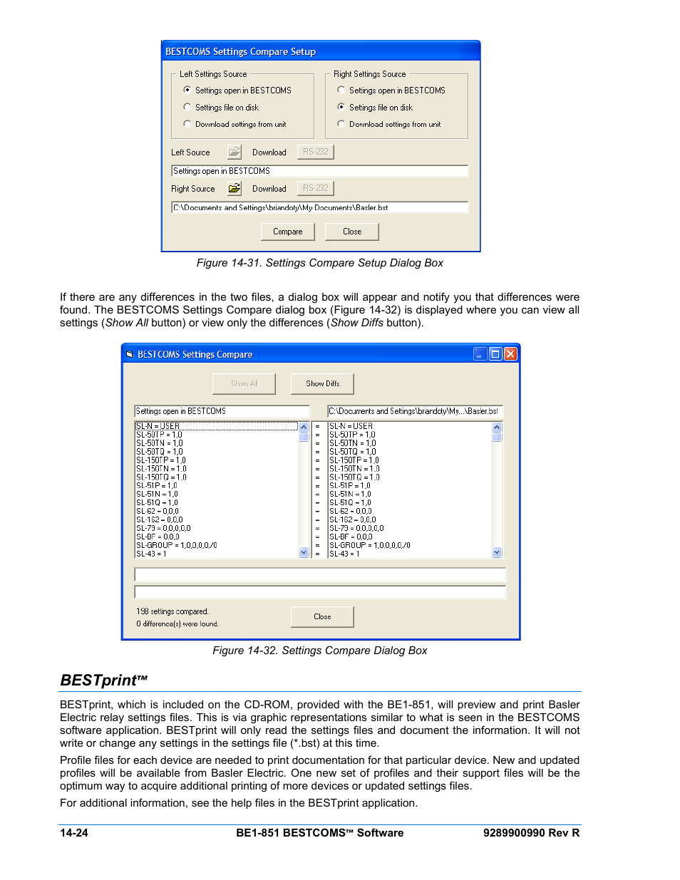 Bestprint, Bestprint -24, Figure 14-32. settings compare dialog box -24 | Basler Electric BE1-851 User Manual | Page 328 / 364