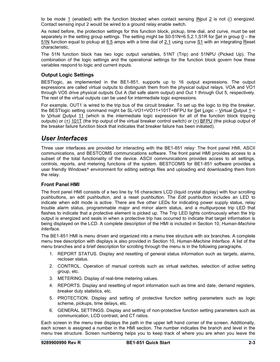 Output logic settings, User interfaces, Front panel hmi | Output logic settings -3, User interfaces -3, Front panel hmi -3 | Basler Electric BE1-851 User Manual | Page 33 / 364