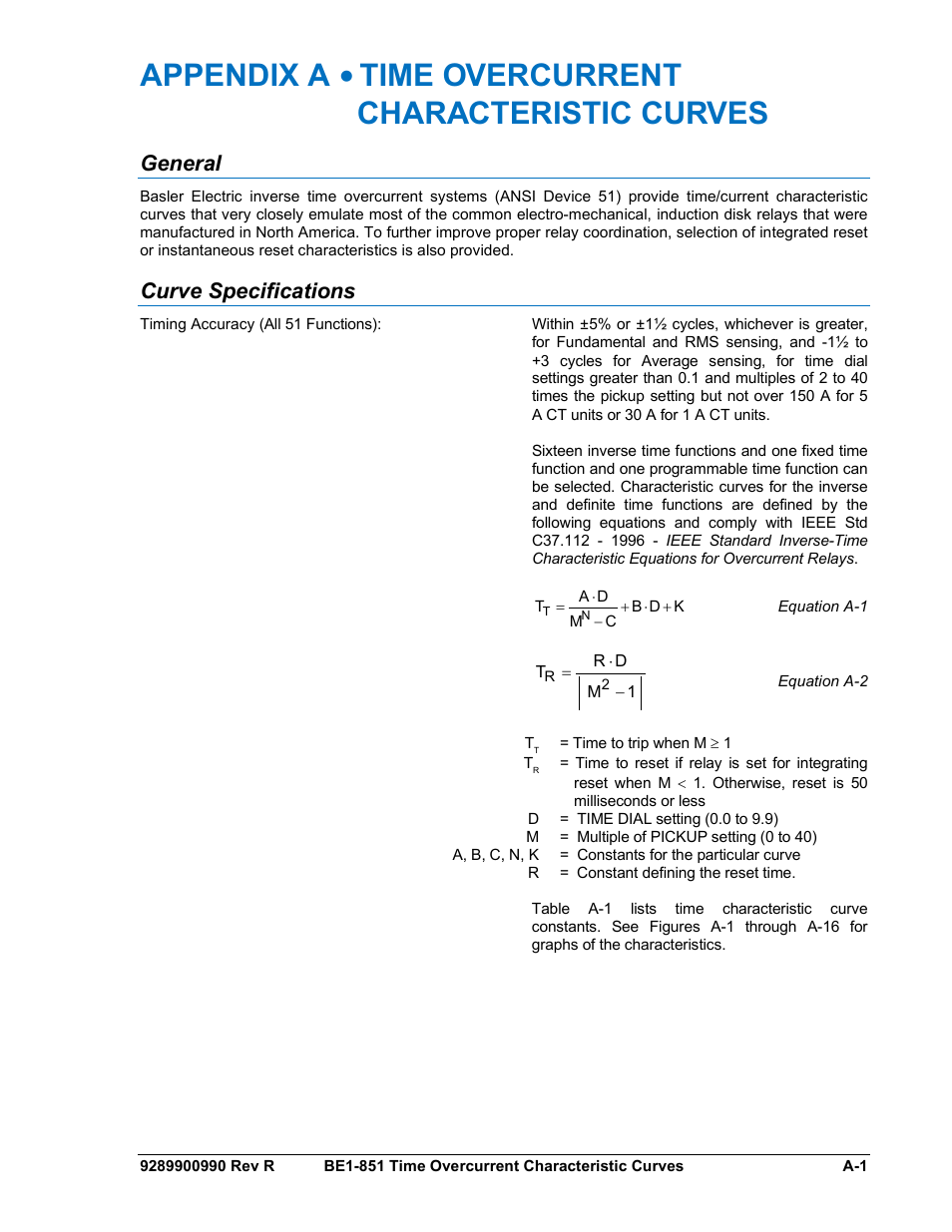 General, Curve specifications | Basler Electric BE1-851 User Manual | Page 331 / 364