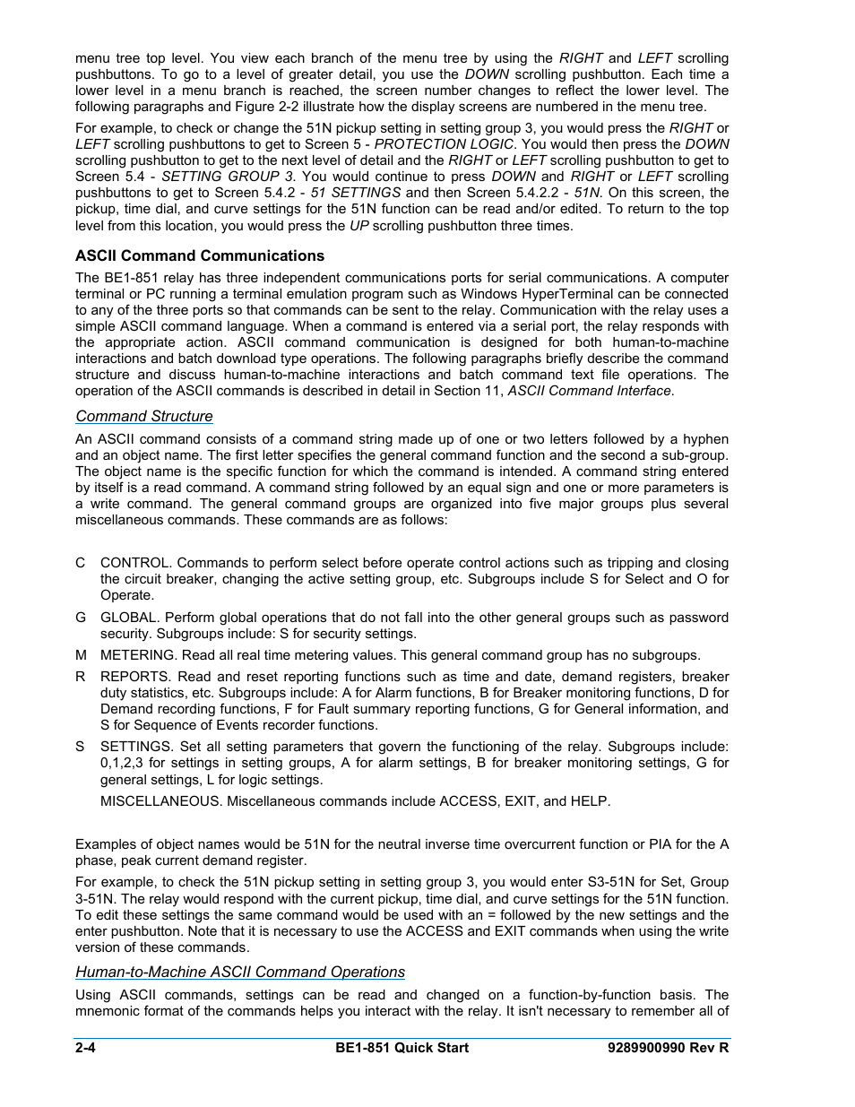 Ascii command communications, Command structure, Human-to-machine ascii command operations | Ascii command communications -4 | Basler Electric BE1-851 User Manual | Page 34 / 364