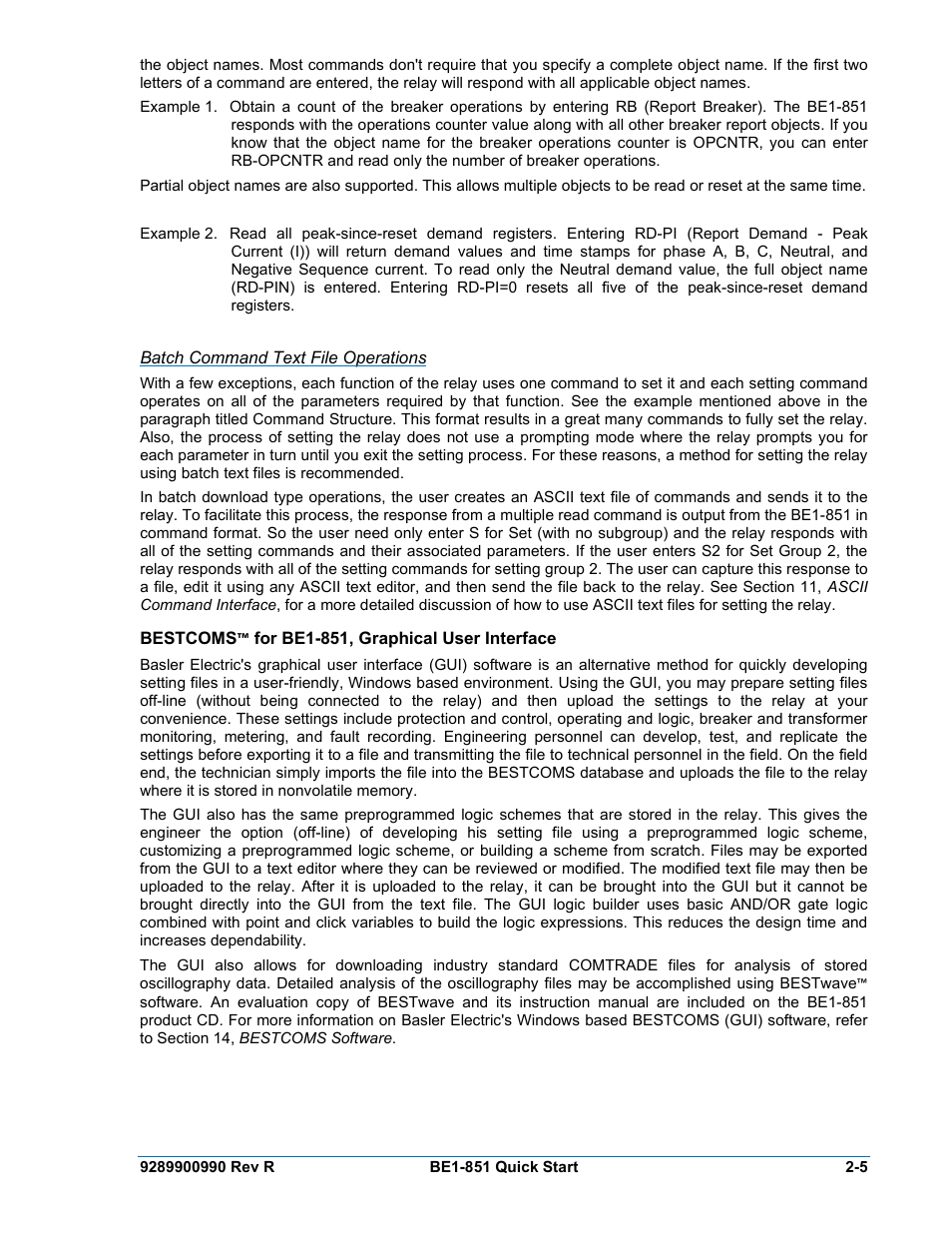 Batch command text file operations, Bestcoms™ for be1-851, graphical user interface, Bestcoms™ for be1-851, graphical user interface -5 | Basler Electric BE1-851 User Manual | Page 35 / 364