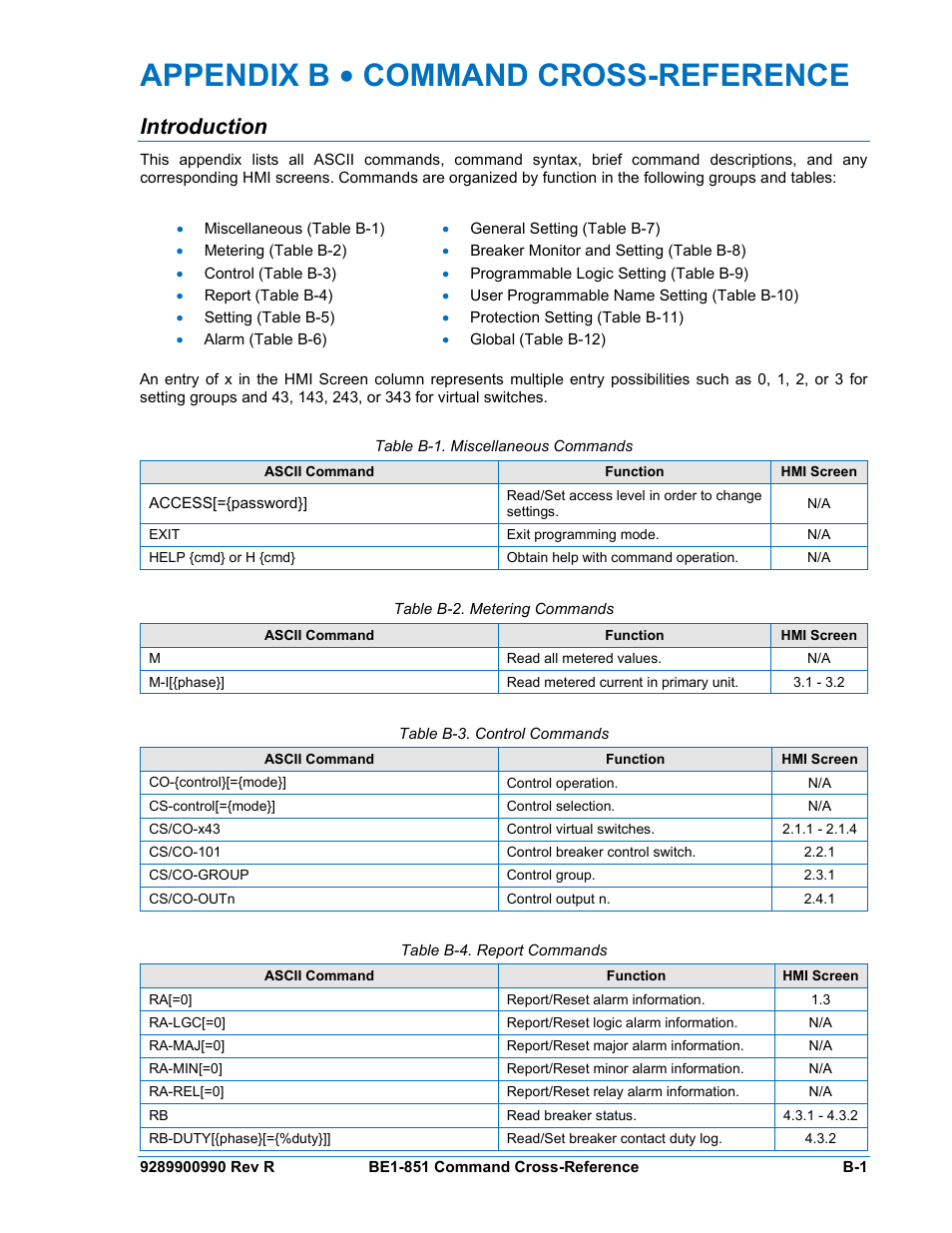 Introduction, Appendix b • command cross-reference | Basler Electric BE1-851 User Manual | Page 353 / 364