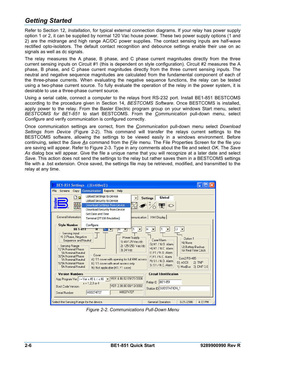 Getting started, Getting started -6, Figure 2-2. communications pull-down menu -6 | Basler Electric BE1-851 User Manual | Page 36 / 364