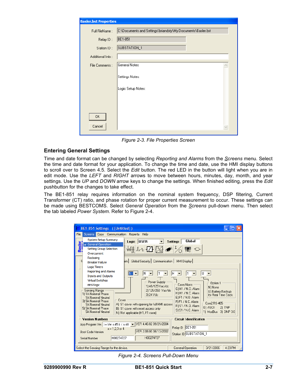 Entering general settings, Entering general settings -7, Figure 2-3. file properties screen -7 | Figure 2-4. screens pull-down menu -7 | Basler Electric BE1-851 User Manual | Page 37 / 364