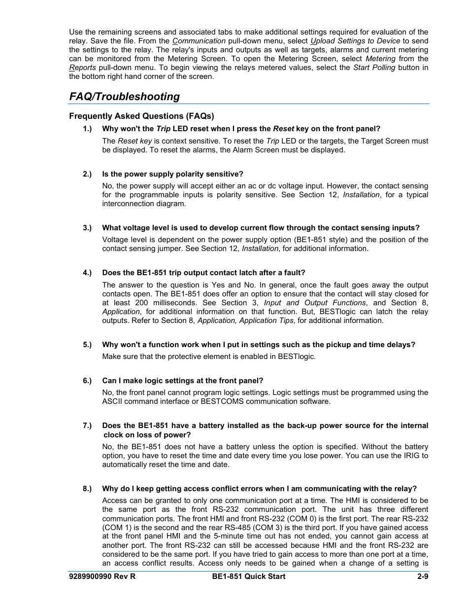 Faq/troubleshooting, Frequently asked questions (faqs), Faq/troubleshooting -9 | Frequently asked questions (faqs) -9 | Basler Electric BE1-851 User Manual | Page 39 / 364