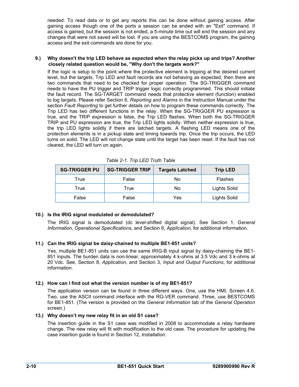 Table 2-1. trip led truth table -10 | Basler Electric BE1-851 User Manual | Page 40 / 364