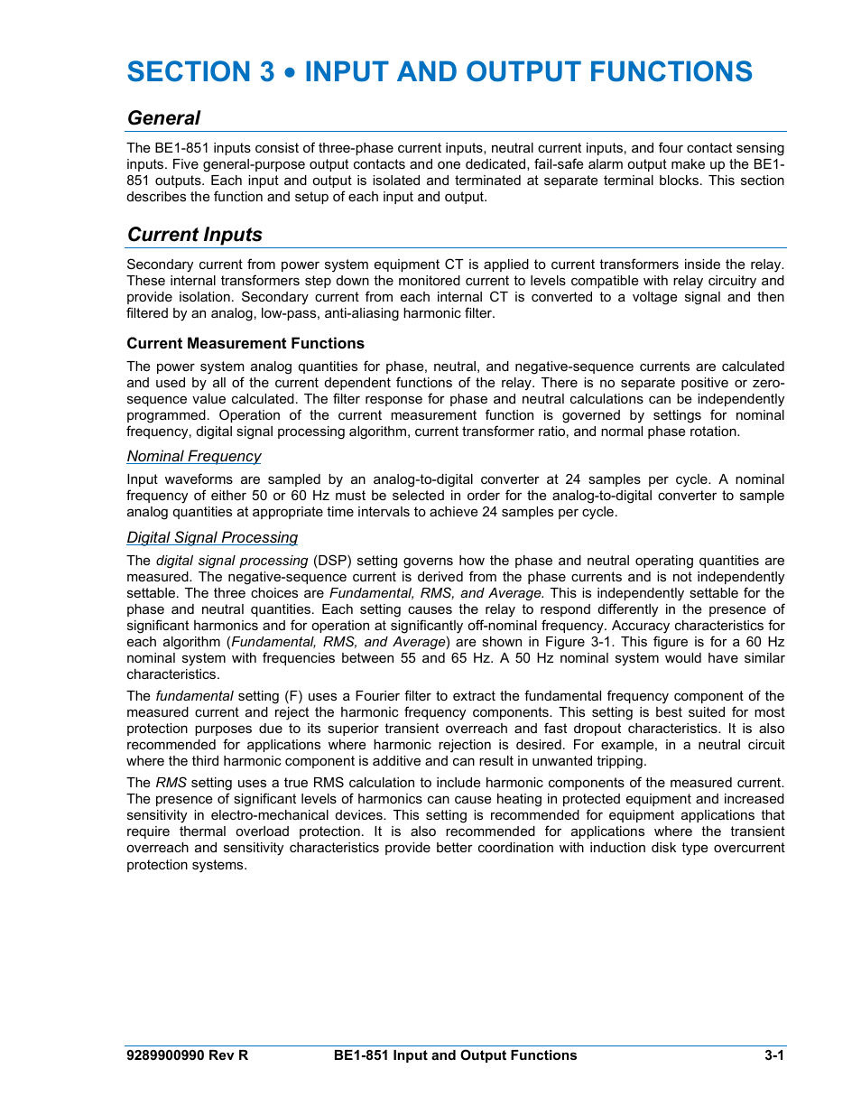 General, Current inputs, Current measurement functions | Nominal frequency, Digital signal processing, Section 3 • input and output functions -1, General -1, Current inputs -1, Current measurement functions -1 | Basler Electric BE1-851 User Manual | Page 43 / 364