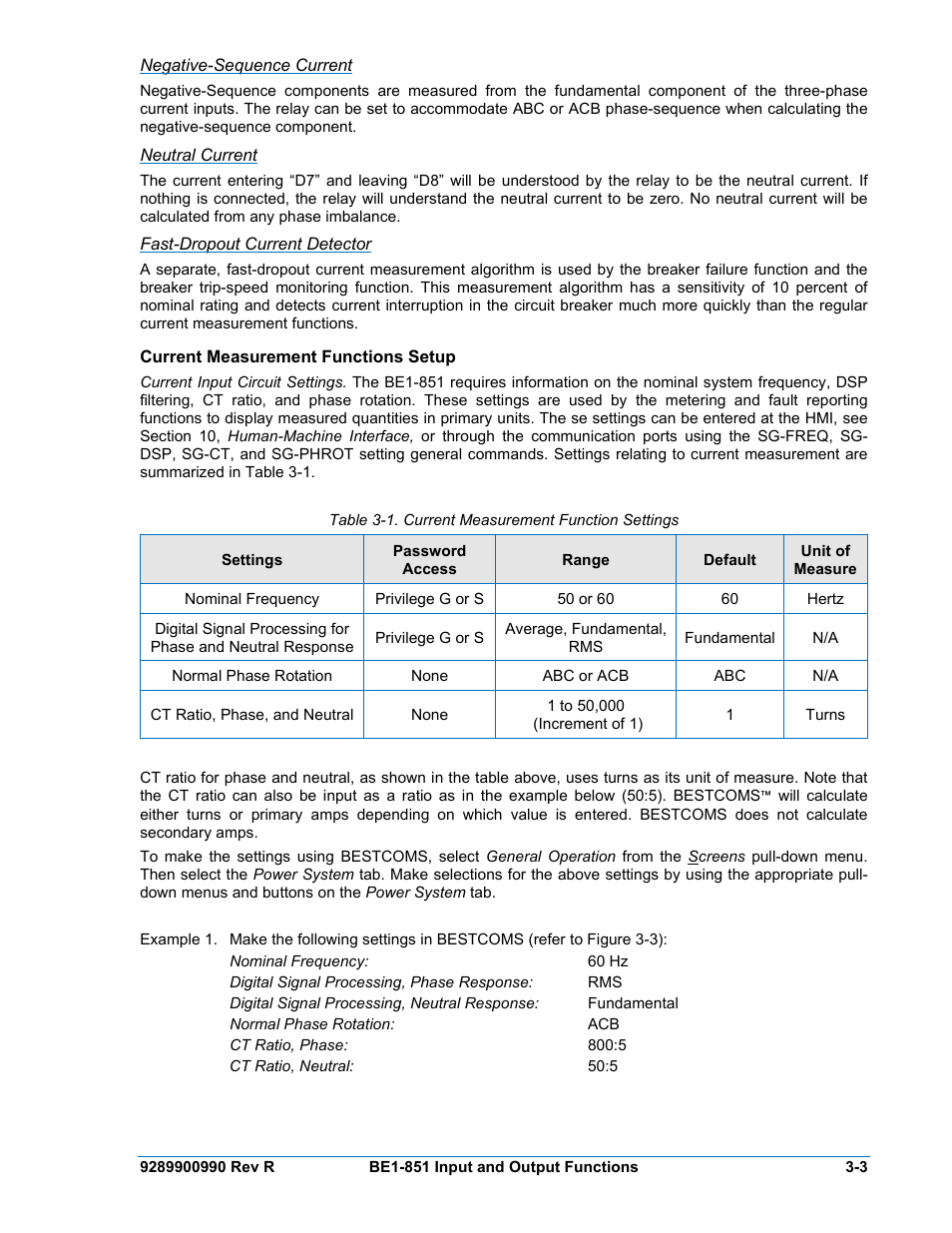 Negative-sequence current, Neutral current, Fast-dropout current detector | Current measurement functions setup, Current measurement functions setup -3 | Basler Electric BE1-851 User Manual | Page 45 / 364
