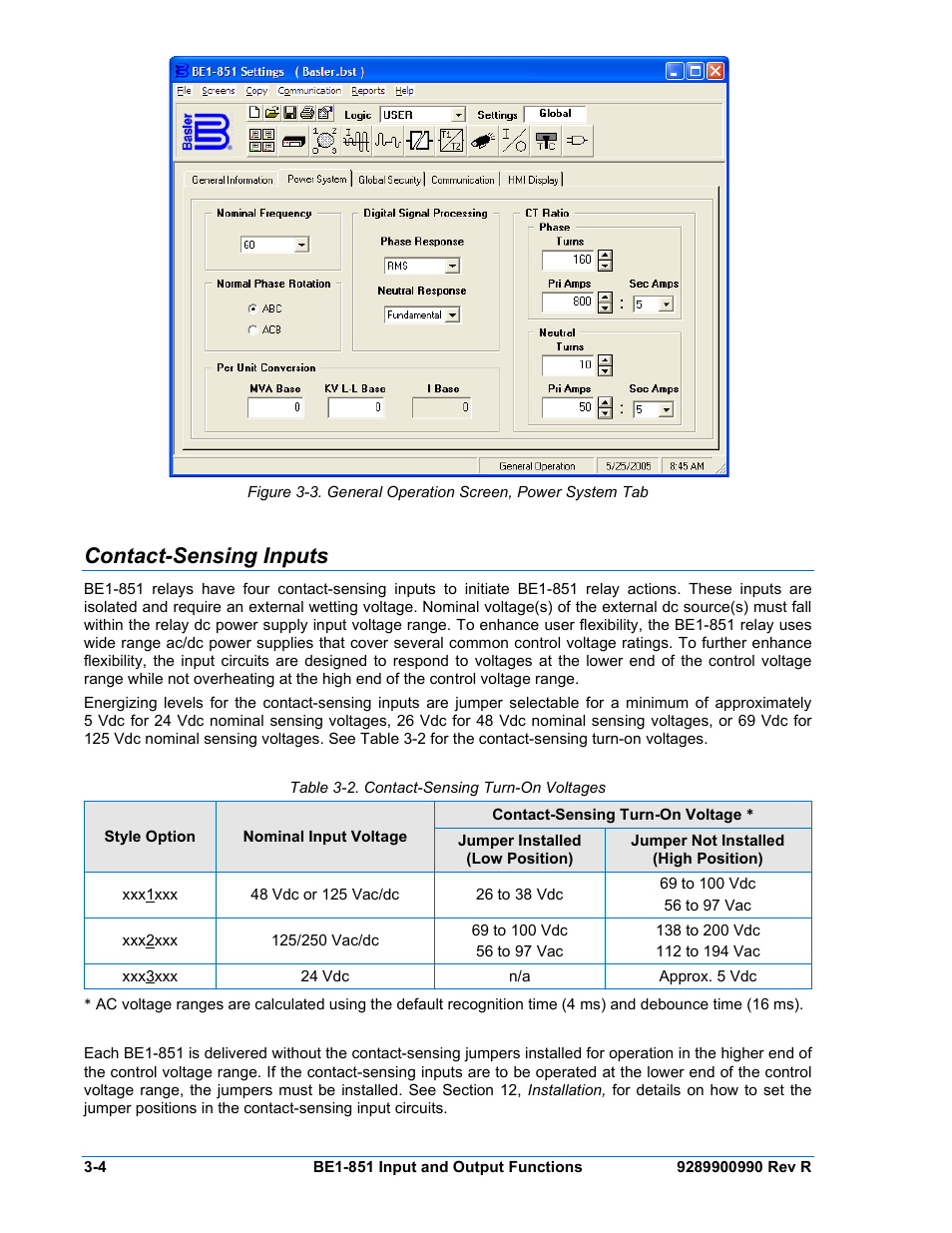 Contact-sensing inputs, Contact-sensing inputs -4, Table 3-2. contact-sensing turn-on voltages -4 | Basler Electric BE1-851 User Manual | Page 46 / 364