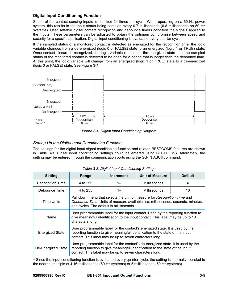 Digital input conditioning function, Setting up the digital input conditioning function, Digital input conditioning function -5 | Figure 3-4. digital input conditioning diagram -5, Table 3-3. digital input conditioning settings -5 | Basler Electric BE1-851 User Manual | Page 47 / 364