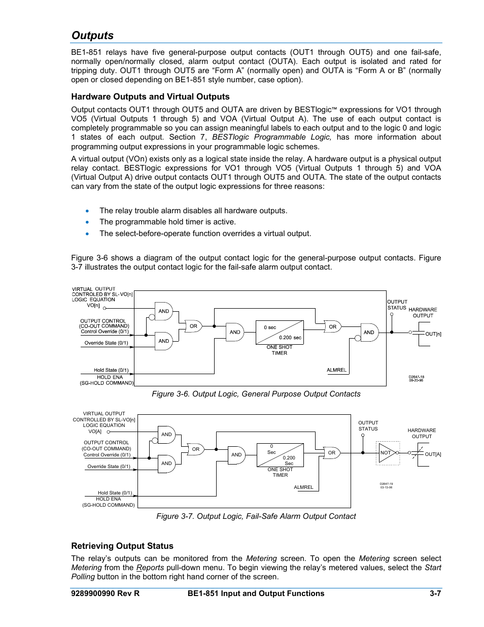 Outputs, Hardware outputs and virtual outputs, Retrieving output status | Outputs -7, Hardware outputs and virtual outputs -7, Retrieving output status -7 | Basler Electric BE1-851 User Manual | Page 49 / 364