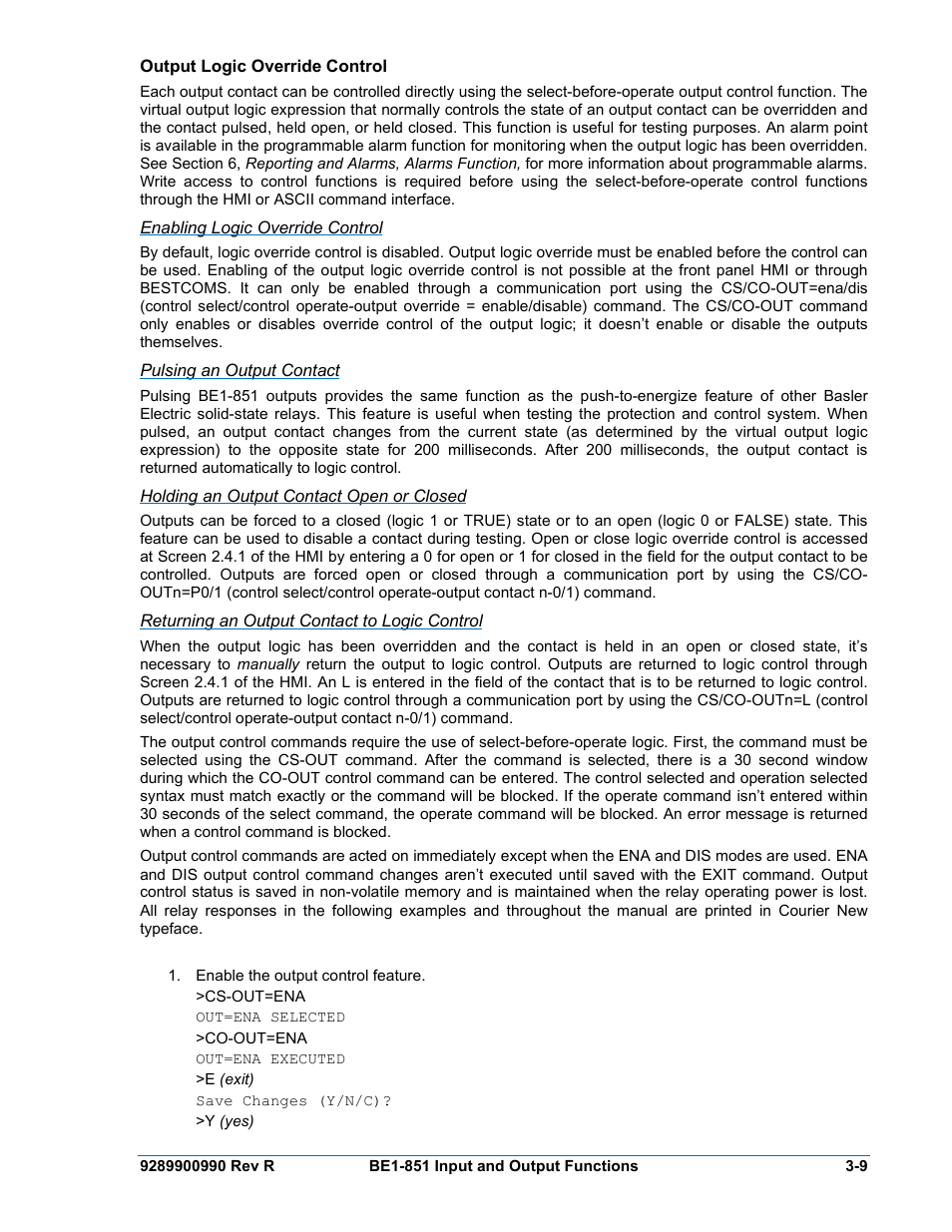 Output logic override control, Enabling logic override control, Pulsing an output contact | Holding an output contact open or closed, Returning an output contact to logic control, Output logic override control -9 | Basler Electric BE1-851 User Manual | Page 51 / 364