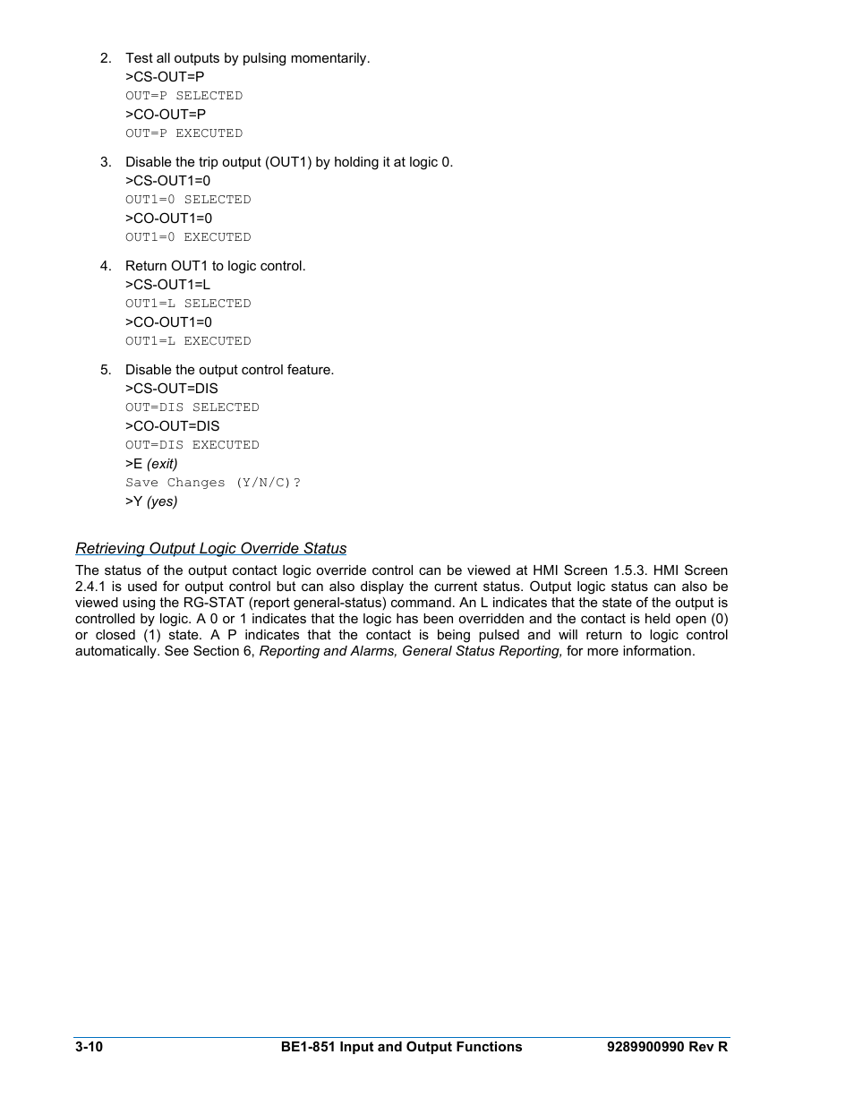 Retrieving output logic override status | Basler Electric BE1-851 User Manual | Page 52 / 364