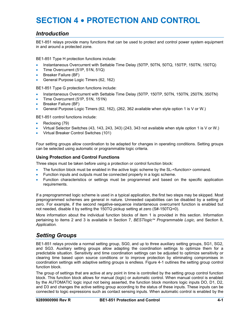 Introduction, Using protection and control functions, Setting groups | Section 4 • protection and control -1, Introduction -1, Using protection and control functions -1, Setting groups -1 | Basler Electric BE1-851 User Manual | Page 57 / 364