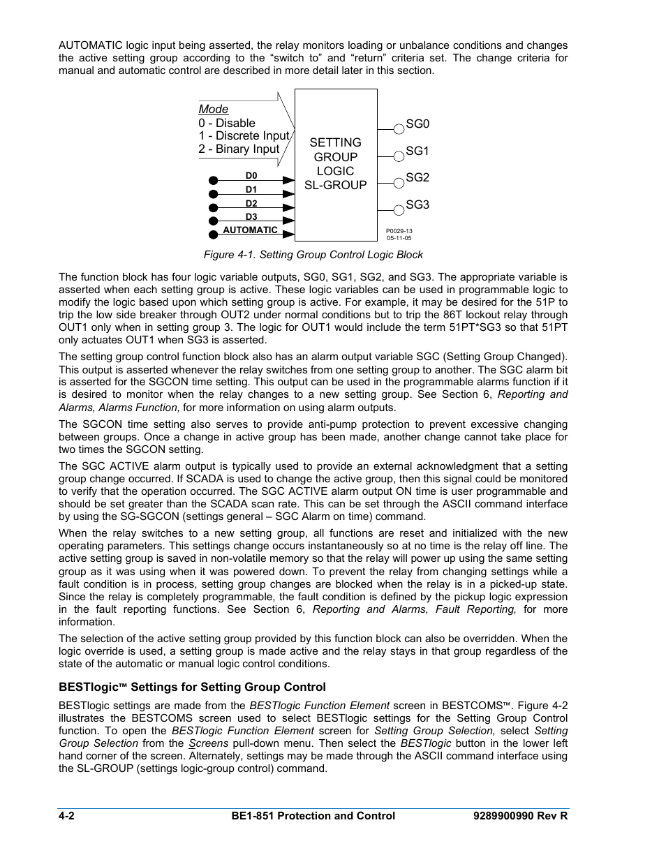 Bestlogic™ settings for setting group control, Bestlogic settings for setting group control -2, Figure 4-1. setting group control logic block -2 | Basler Electric BE1-851 User Manual | Page 58 / 364