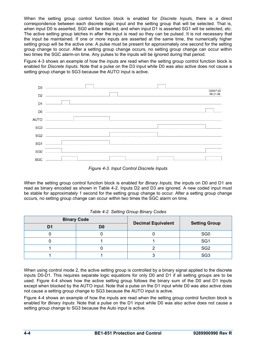 Figure 4-3. input control discrete inputs -4, Table 4-2. setting group binary codes -4 | Basler Electric BE1-851 User Manual | Page 60 / 364