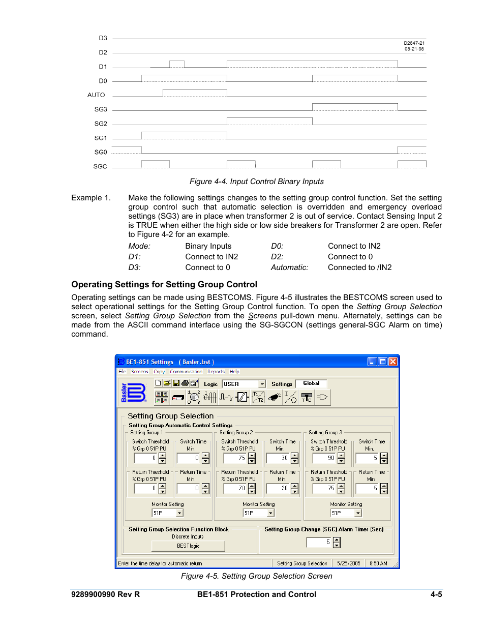 Operating settings for setting group control, Operating settings for setting group control -5, Figure 4-4. input control binary inputs -5 | Figure 4-5. setting group selection screen -5, Figure 4-4 | Basler Electric BE1-851 User Manual | Page 61 / 364