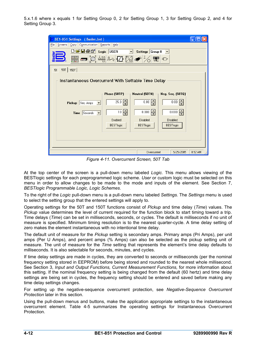 Figure 4-11. overcurrent screen, 50t tab -12 | Basler Electric BE1-851 User Manual | Page 68 / 364