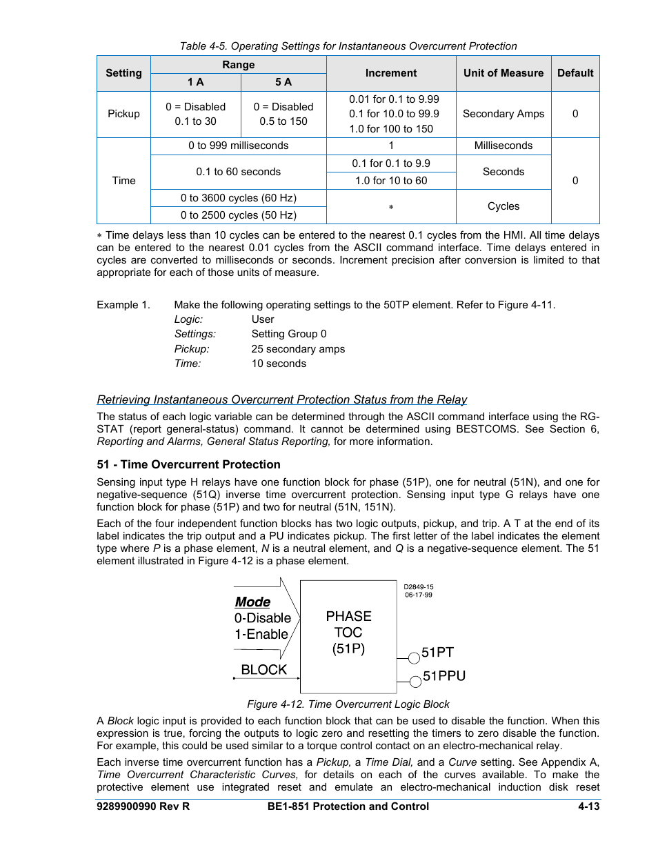 51 - time overcurrent protection, 51 - time overcurrent protection -13, Figure 4-12. time overcurrent logic block -13 | Basler Electric BE1-851 User Manual | Page 69 / 364