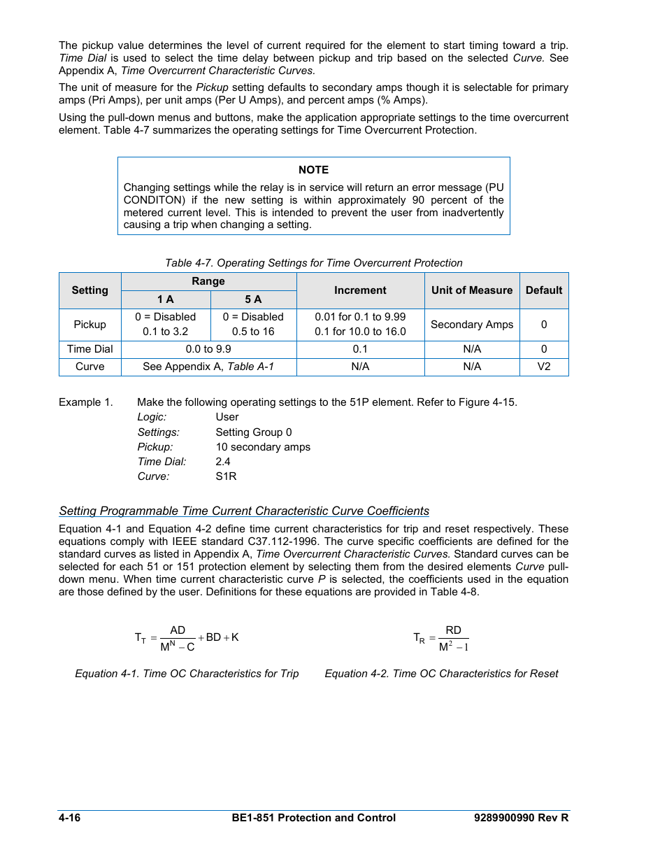 Equation 4-1. time oc characteristics for trip -16 | Basler Electric BE1-851 User Manual | Page 72 / 364