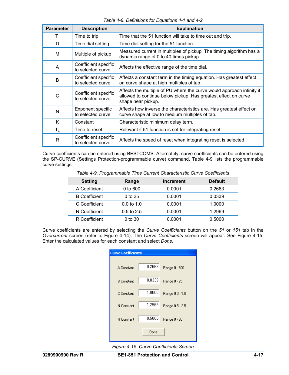 Figure 4-15. curve coefficients screen -17, O figure 4-15, N table 4-8 | Basler Electric BE1-851 User Manual | Page 73 / 364