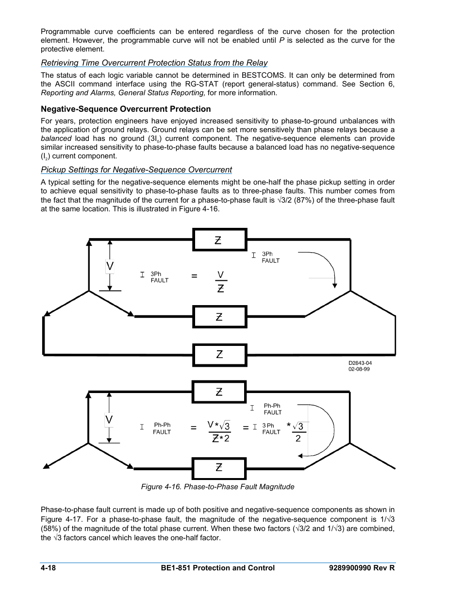 Negative-sequence overcurrent protection, Pickup settings for negative-sequence overcurrent, Negative-sequence overcurrent protection -18 | Figure 4-16. phase-to-phase fault magnitude -18 | Basler Electric BE1-851 User Manual | Page 74 / 364