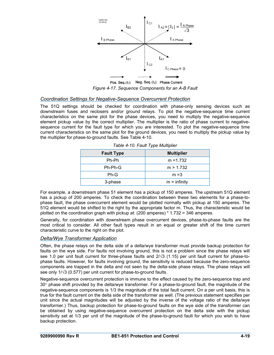 Delta/wye transformer application, Delta/wye transformer application -19, Table 4-10. fault type multiplier -19 | Basler Electric BE1-851 User Manual | Page 75 / 364