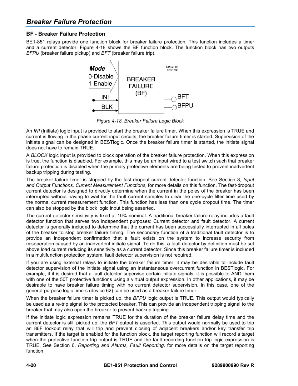 Breaker failure protection, Bf - breaker failure protection, Breaker failure protection -20 | Bf - breaker failure protection -20, Figure 4-18. breaker failure logic block -20 | Basler Electric BE1-851 User Manual | Page 76 / 364