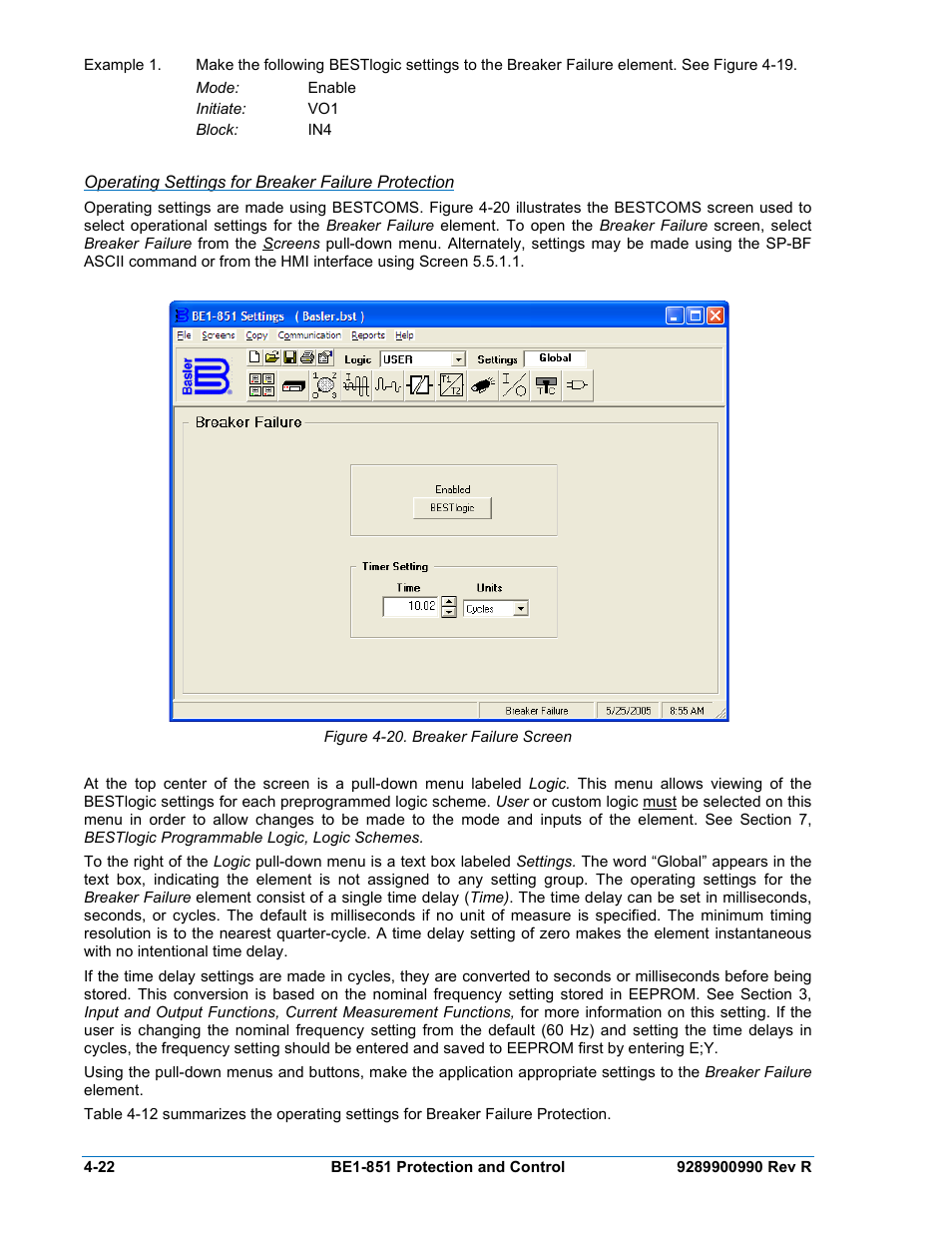 Operating settings for breaker failure protection, Figure 4-20. breaker failure screen -22 | Basler Electric BE1-851 User Manual | Page 78 / 364